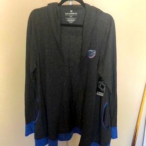 UF Gators open cardigan with pockets and hood. This is cotton. Lightweight